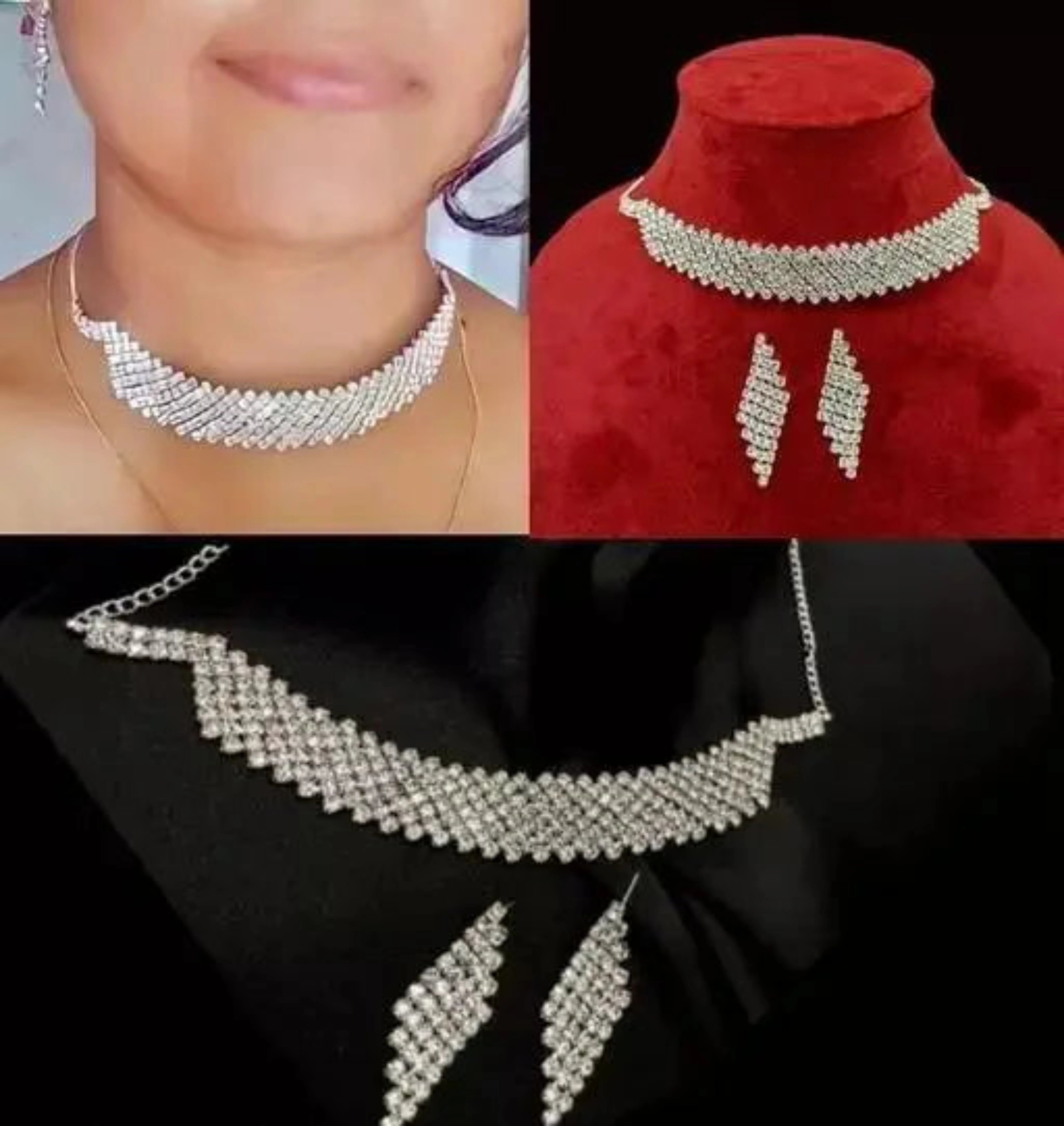 Silver-Plated Choker Necklace Set with American Diamonds