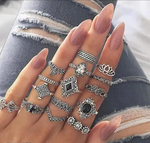 Vembley silver-plated 15-piece vintage design ring set for women and girls